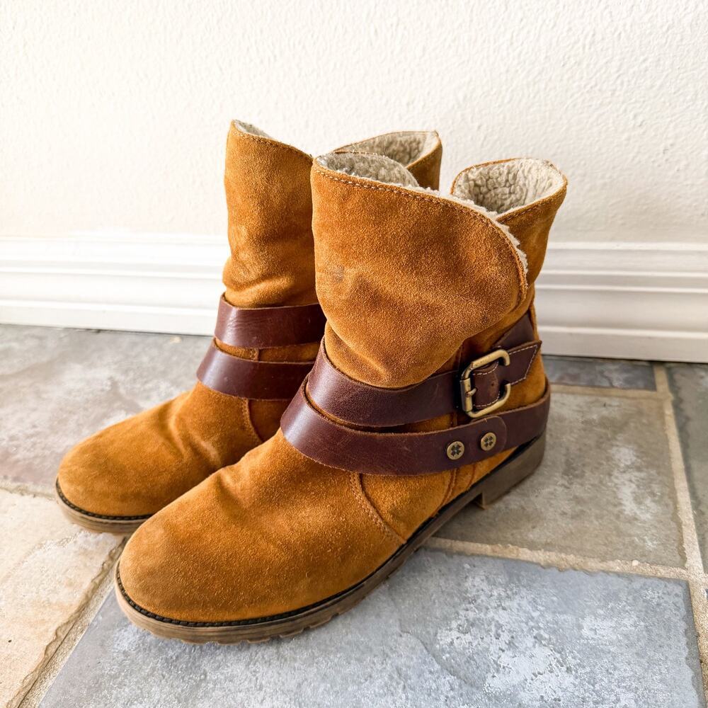 Naturalizer Talley Leather Suede Moto Boots Shearling Lined Brown Buckle 8M